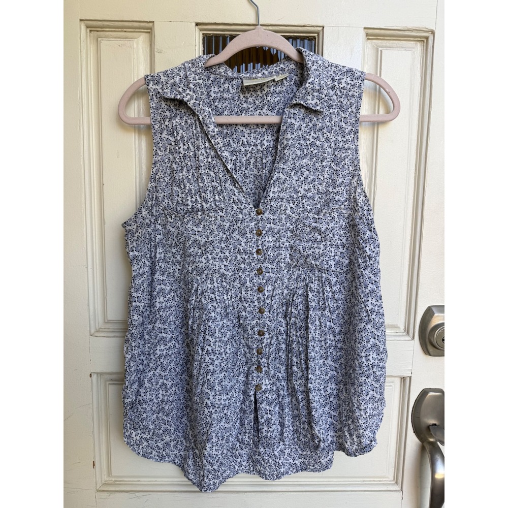 Maeve Anthropologie Womens Blue Floral Polka Dot Sleeveless Blouse Size Medium
